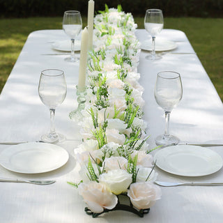 Elevate Your Event with the Cream Ivory Silk Rose Flower Panel Table Runner
