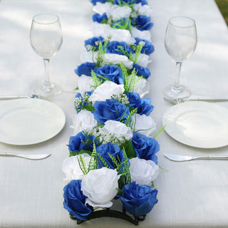 Elevate Your Event with the White Royal Blue Silk Rose Flower Panel Table Runner