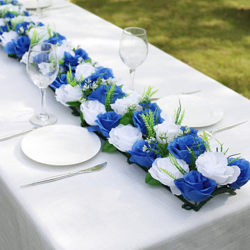 6 Pack White Royal Blue Silk Rose Flower Panel Table Runner, Artificial Floral Arrangements Wedding Table Centerpiece - 20"x8"