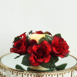 Add Elegance to Your Event Decor with Black/Red Artificial Silk Rose Flower Candle Ring Wreaths