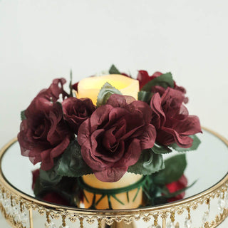 Burgundy Artificial Silk Rose Flower Candle Ring Wreaths