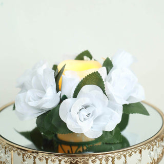 Elevate Your Décor with White Artificial Silk Rose Flower Candle Ring Wreaths