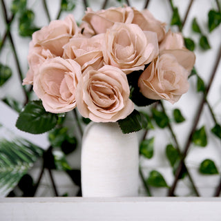 Dusty Rose Artificial Velvet-Like Fabric Rose Flower Bouquet Bush