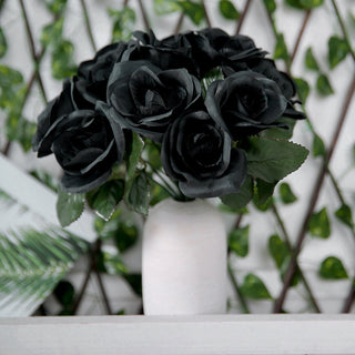 12" Black Artificial Velvet-Like Fabric Rose Flower Bouquet Bush