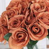 12inch Terracotta (Rust) Artificial Velvet-Like Fabric Rose Flower Bouquet Bush