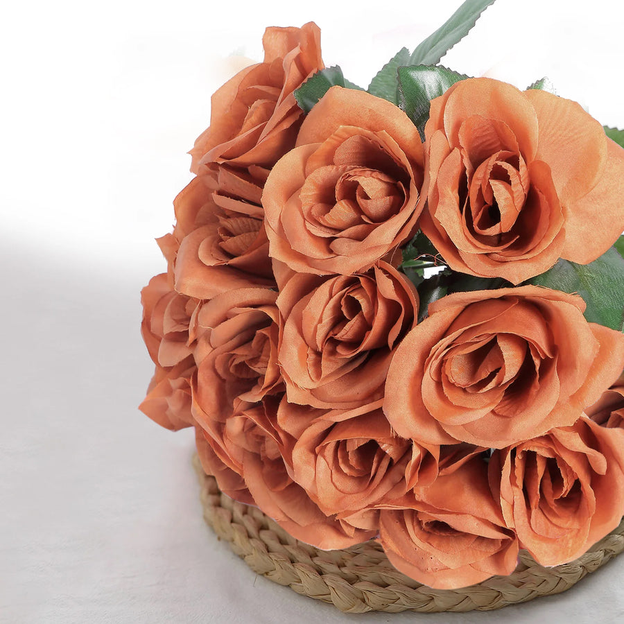 12inch Terracotta (Rust) Artificial Velvet-Like Fabric Rose Flower Bouquet Bush#whtbkgd