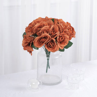 Terracotta (Rust) Artificial Velvet-Like Fabric Rose Flower Bouquet Bush