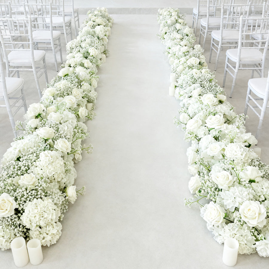 Pre-Arranged Silk Flower Table Runner 40x16inch – White Roses, Hydrangeas & Baby's Breath Wedding