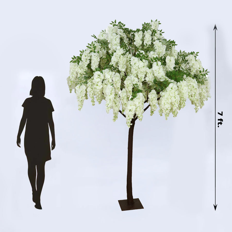7ft Freestanding White Wisteria Artificial Tree – Cascading Silk Flower Display