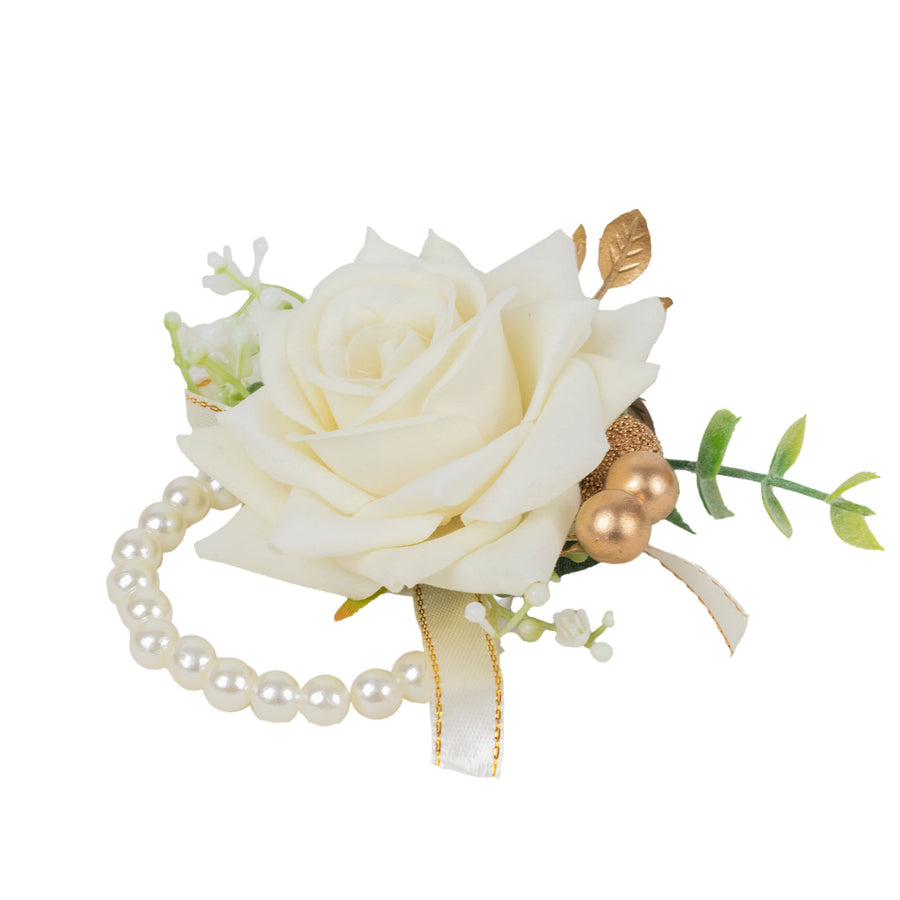 2 Pack White Artificial Rose Wrist Corsages With Pearls, Flower Bracelet Wedding Accessories#whtbkgd