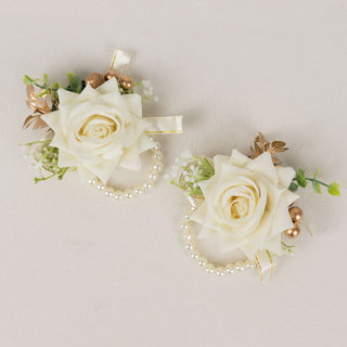 Elegant White Artificial Rose Wrist Corsages for Wedding Accessories