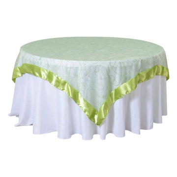 85"x85" Apple Green Embroidered Sheer Organza Square Table Overlay With Satin Edge - Clearance SALE