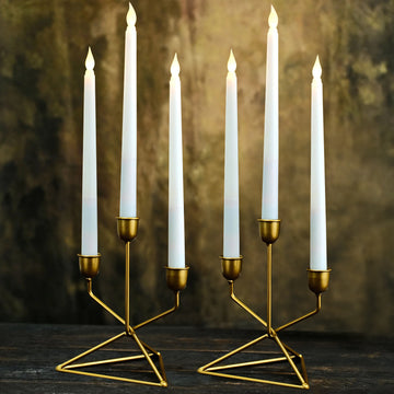 2 Pack 3 Arm Gold Metal Geometric Taper Candle Candelabra Holder Centerpiece With Triangle Base - 7"