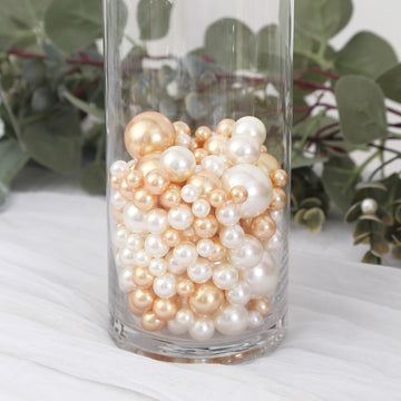 200Pcs Assorted Off White and Gold Lustrous Faux Pearl Beads Vase Fillers, No Hole DIY Craft Bead Set