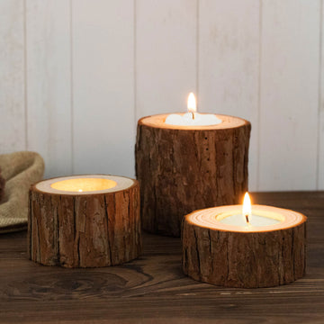 Set of 3 Assorted Rustic Wood Slice Tealight Candle Holders, Farmhouse Tree Branch Wedding Table Décor - 2.75", 1.5", 1.25"