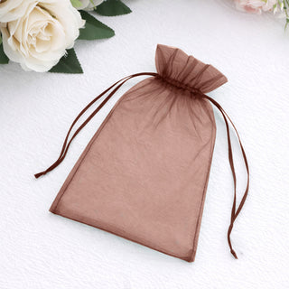 Brown organza gift bag with drawstring closure