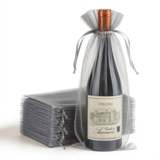 Gray organza wine bottle gift bags with drawstring closure