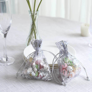 Elegant Metallic Silver Foil Polyester Drawstring Candy Bags Elegant Metallic Silver Foil Polyester Drawstring Candy Bags