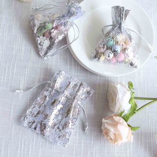 Convenient and Stylish 12 Pack Metallic Silver Foil Polyester Drawstring Candy Bags Convenient and Stylish 12 Pack Metallic Silver Foil Polyester Drawstring Candy Bags