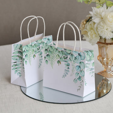 12 Pack White Green Eucalyptus Leaves Paper Party Favor Bags With Handles, Gift Goodie Bags - 6"x7"