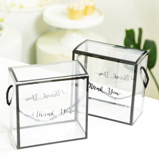 Clear acrylic gift boxes with "Thank You" script, stylish and elegant presentation.