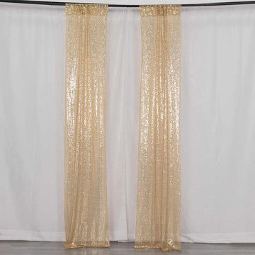 2 Pack Champagne Sequin Event Curtain Drapes with Rod Pockets, Seamless Backdrop Event Panels - 8ftx2ft