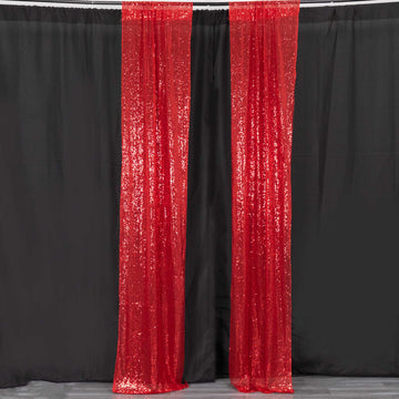 2 Pack Red Sequin Event Curtain Drapes with Rod Pockets, Seamless Backdrop Event Panels - 8ftx2ft