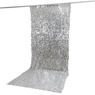 Silver sequin backdrop curtain and floor runner on hanging rod