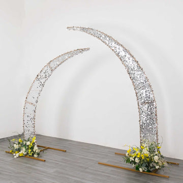 Set of 2 Silver Big Payette Sequin Backdrop Stand Cover for Half Crescent Moon Wedding Arch, Sparkly Double Sided - 6.5ft, 8ft