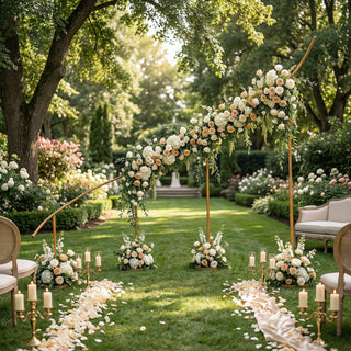 Elegant floral wedding arch surrounded by candles and blooms in a lush garden setting.