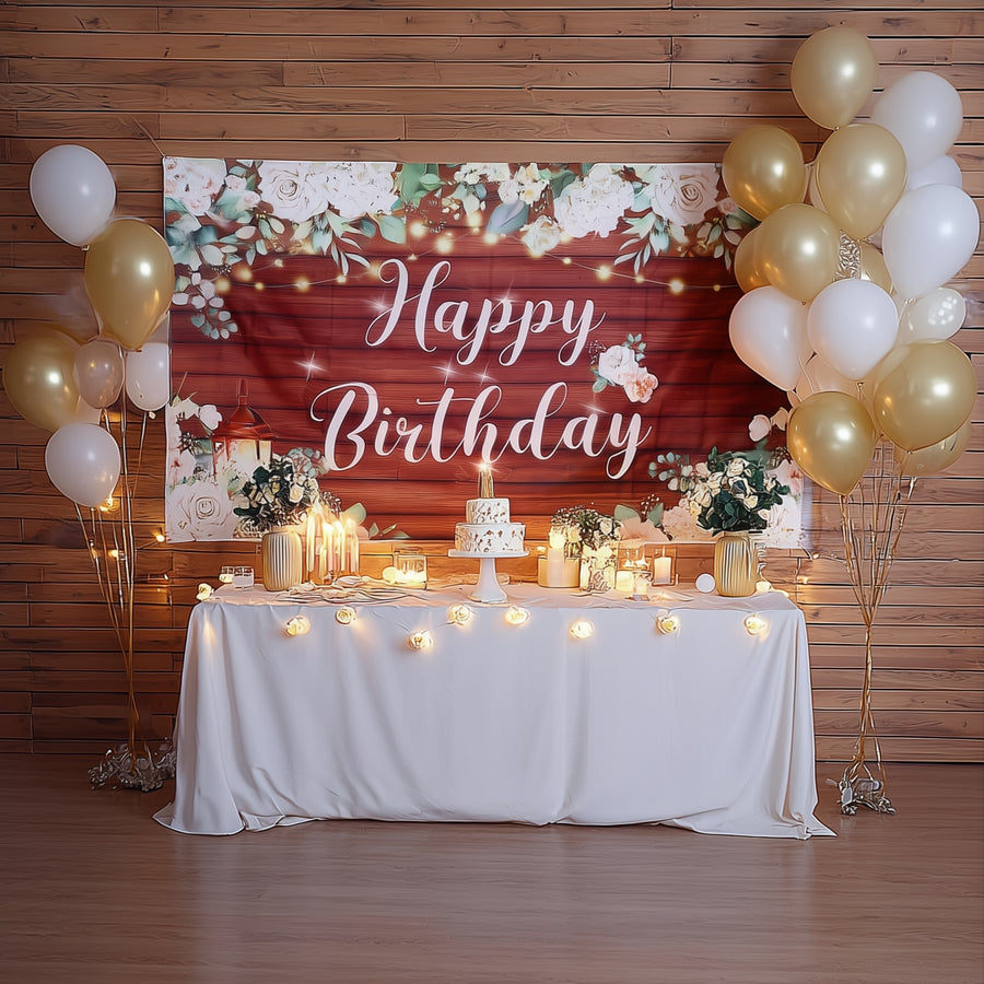 6ftx3ft White Brown Rustic Wood Floral Happy Birthday Photo Backdrop, Large Polyester Background