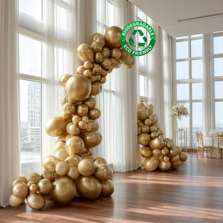 Eco-friendly biodegradable balloon arch in elegant indoor setting.