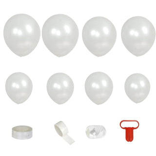 White balloons with adhesive tape and tying tool on a plain background