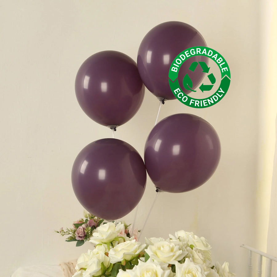 Purple biodegradable balloons with eco-friendly label.