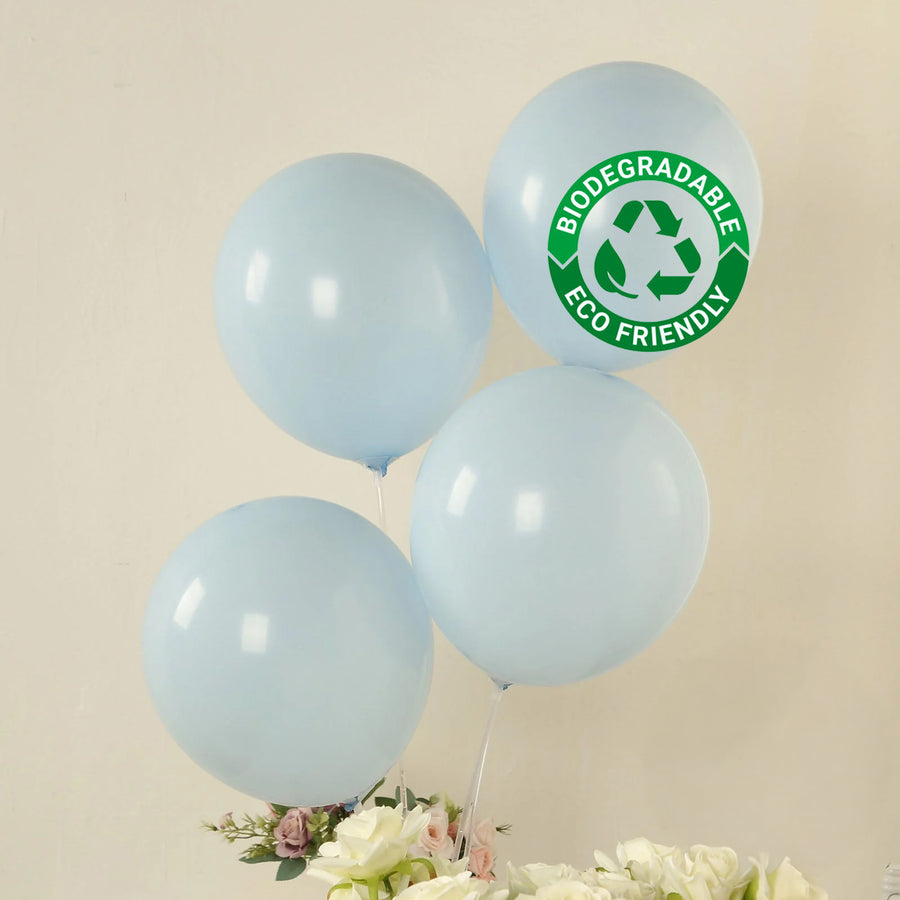 Blue biodegradable balloons with eco-friendly label