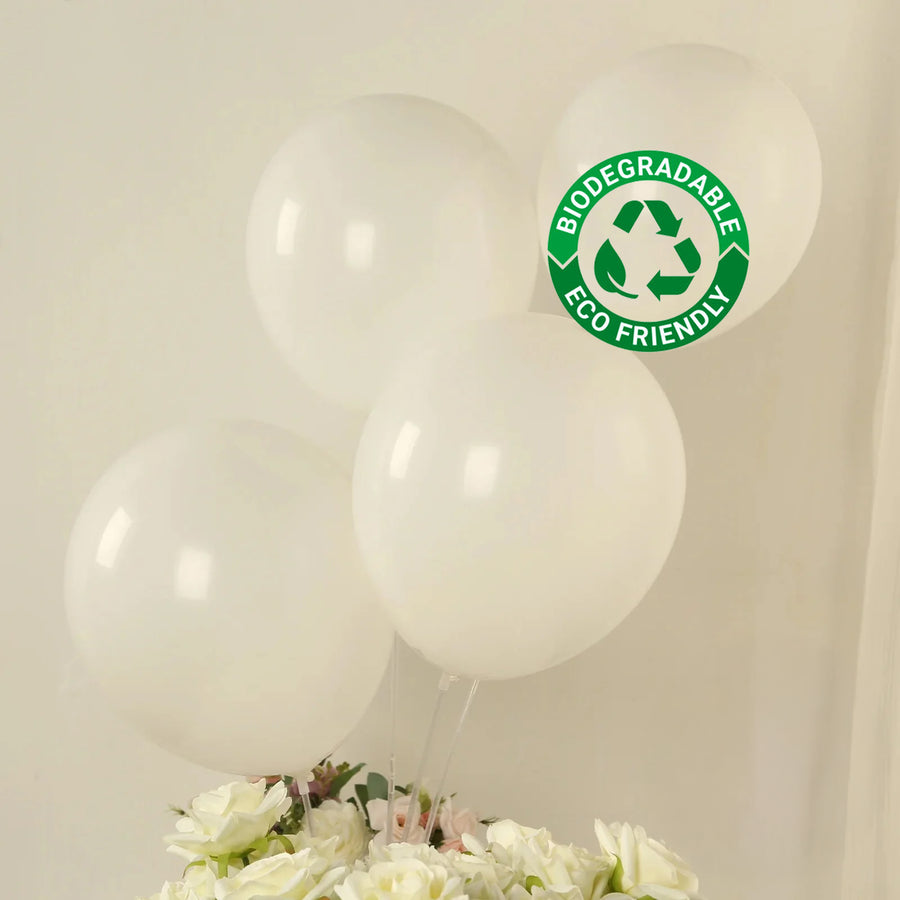 Biodegradable white balloons with eco-friendly label