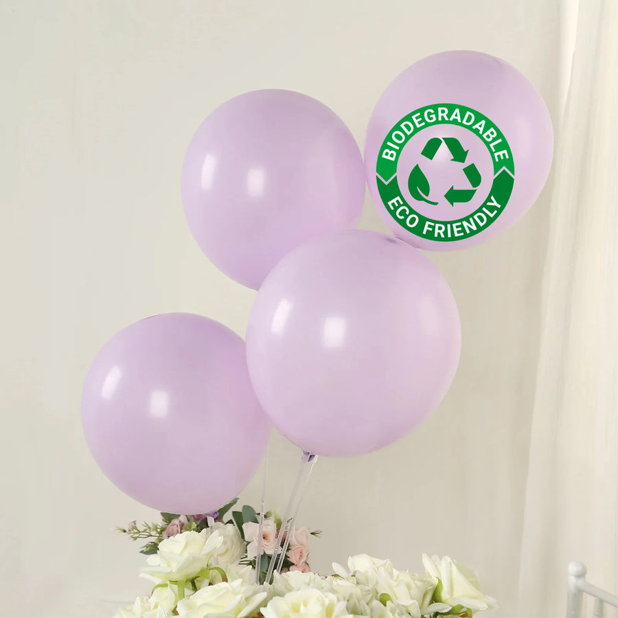 Eco-friendly biodegradable lavender balloons with a green label.