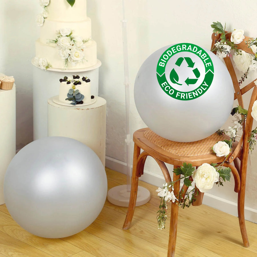 Biodegradable eco-friendly balloons on a chair with floral decorations.