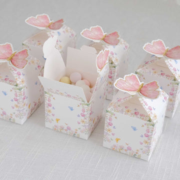 25 Pack White Pink Glitter Butterfly Top Candy Gift Boxes, 3"x4" Spring Floral Party Favor Boxes