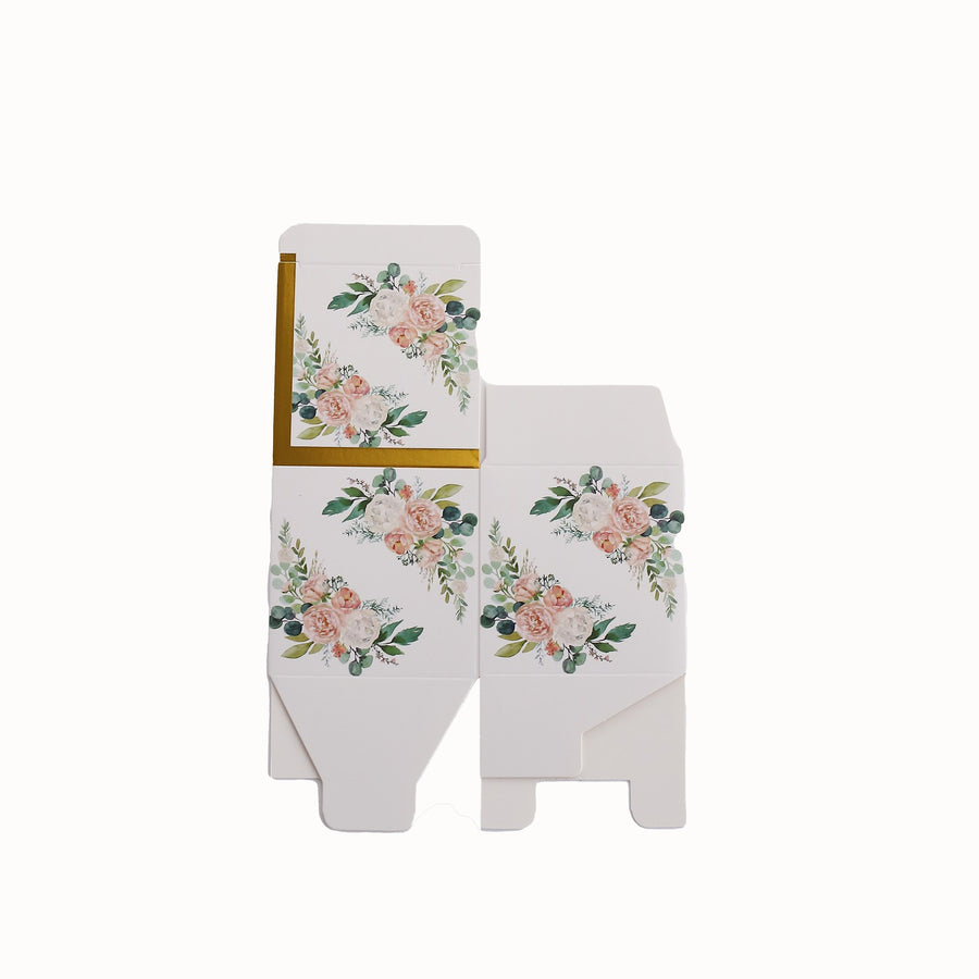 25 Pack White Pink Peony Flowers Print Paper Favor Boxes with Gold Edge, Cardstock Gift Boxes