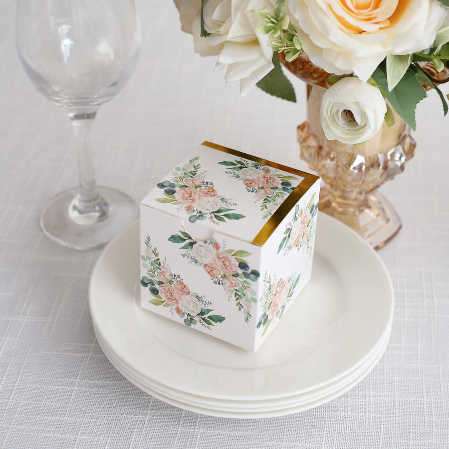 25 Pack White Pink Peony Flowers Print Paper Favor Boxes with Gold Edge, Cardstock Gift Boxes