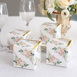 Elegant White Pink Peony Flowers Print Paper Favor Boxes with Gold Edge
