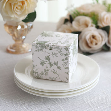25 Pack White Sage Green Floral Print Paper Favor Boxes, Cardstock Party Shower Candy Gift Boxes - 3"x3"x3"