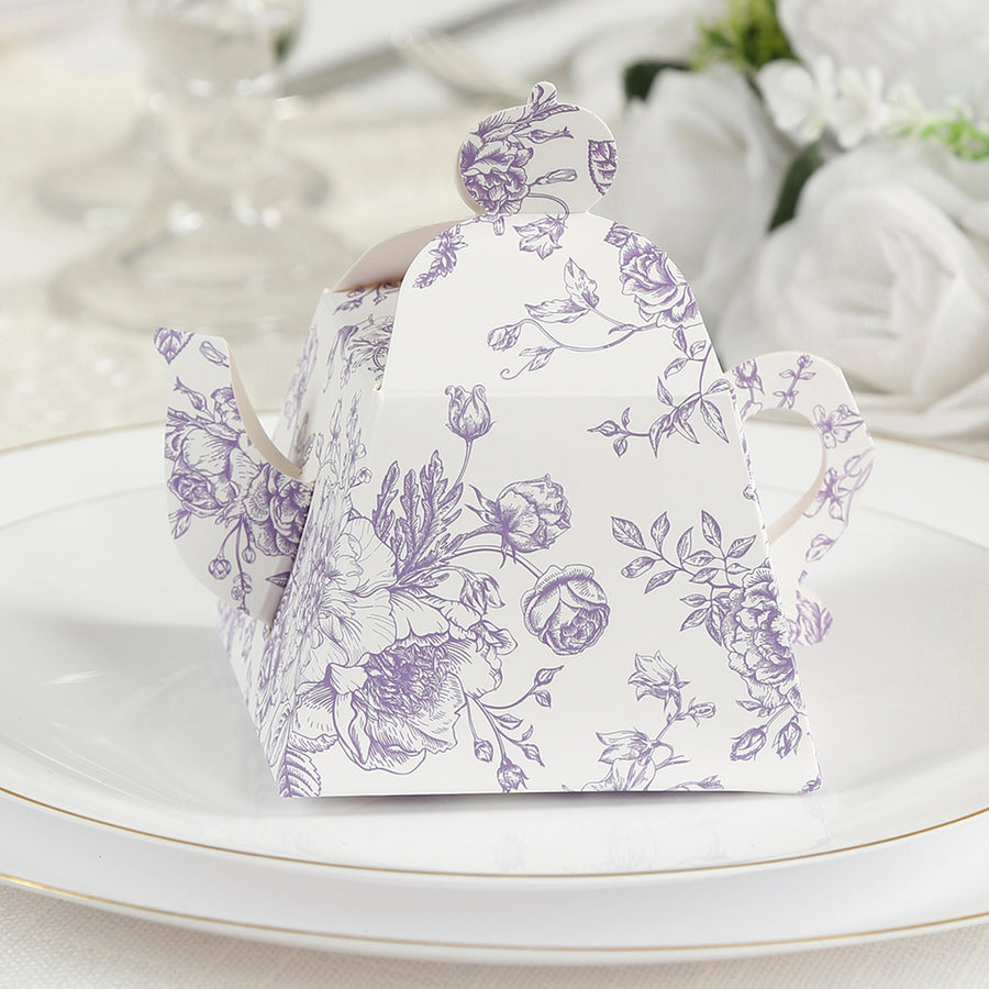25 Pack 5x4inch Mini Teapot Favor Boxes – White Lavender French Toile Design Gift Boxes