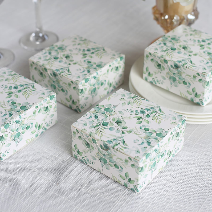 25 Pack White Green Eucalyptus Leaves Print Paper Favor Boxes, Cardstock Candy Gift Boxes