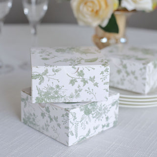Elegant White Sage Green Floral Print Paper Favor Boxes