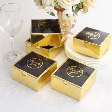 25 Pack Black Gold "Thank You" Print Paper Favor Boxes, Cardstock Party Shower Candy Gift Boxes - 4"x4"x2"