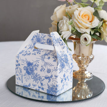 25 Pack White Blue Candy Gift Tote Gable Boxes with Chinoiserie Floral Print, Party Favor Treat Boxes - 6"x3.5"x7"