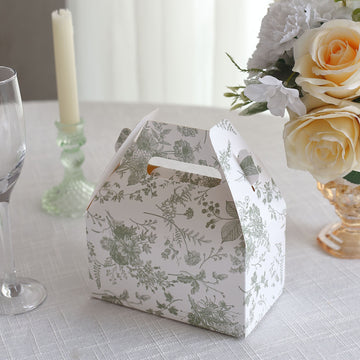 25 Pack White Sage Green Candy Gift Tote Gable Boxes with Leaf Floral Print, Party Favor Treat Boxes - 6"x3.5"x7"