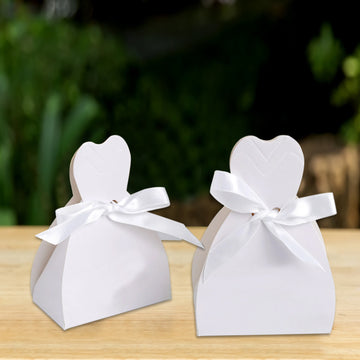 100 Pack White Wedding Dress Candy Gift Boxes, Party Favor Boxes with Ribbon Ties - 2.5"x3.5"